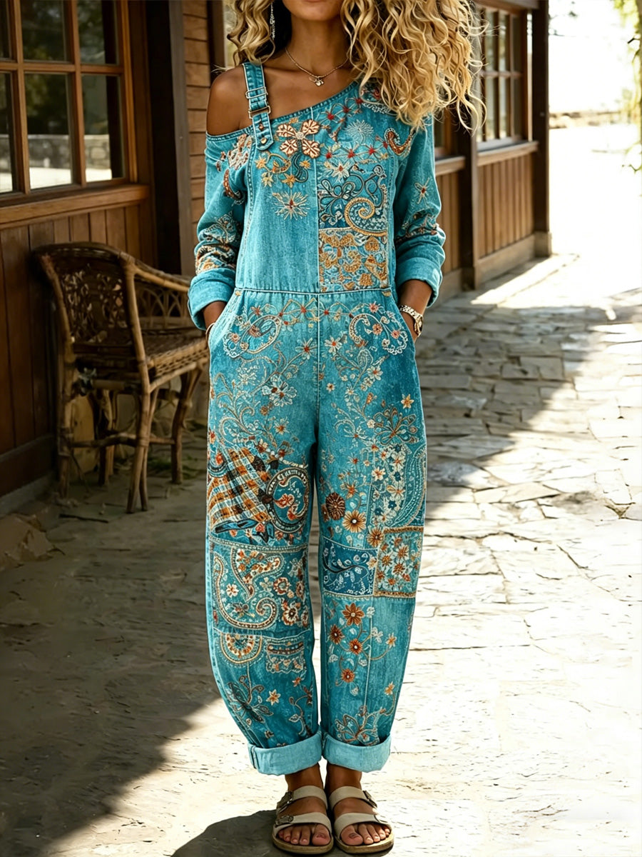 Women's Retro Style Floral Art Print Washed Cotton Denim Patchwork Jumpsuit